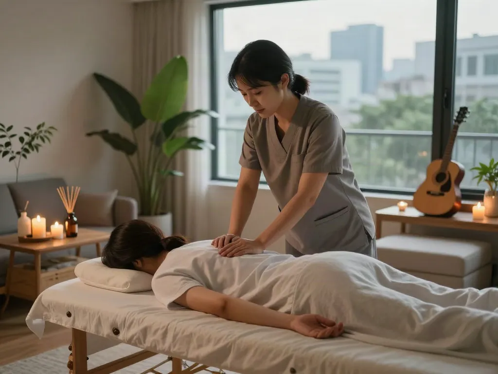 강남출장안마 therapy session in a cozy, modern living room with ambient light and calming décor.