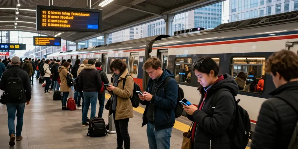 Commuters at a busy train station, checking Scioperi treni updates as they await their trains.