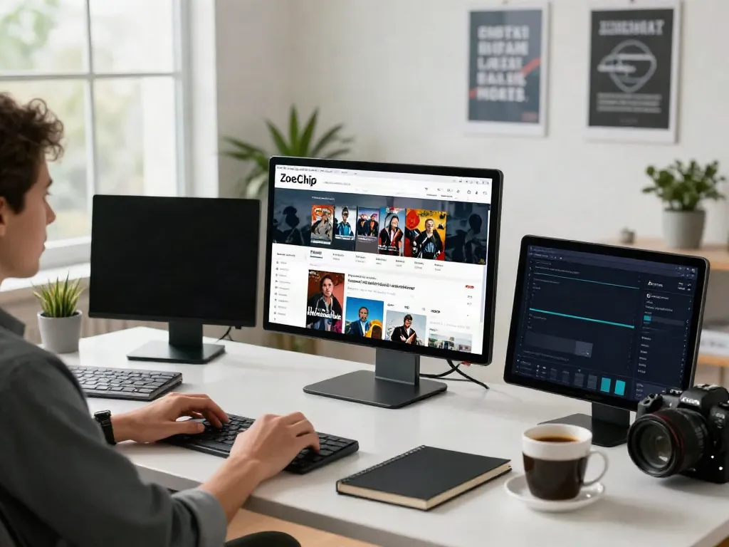 Content creator researching ZoeChip streaming sites in a modern workspace.