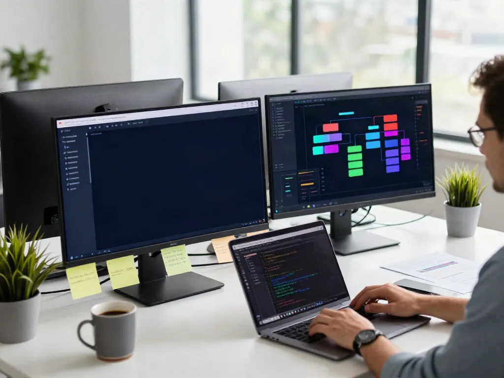 Data scientist effectively using a dataset search tool in a modern tech workspace