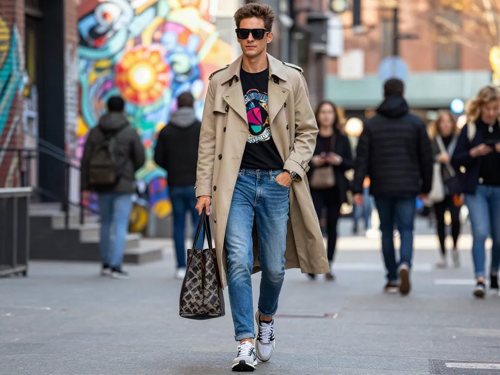 Fashionisk .com street fashion scene with stylish individual walking in urban setting.