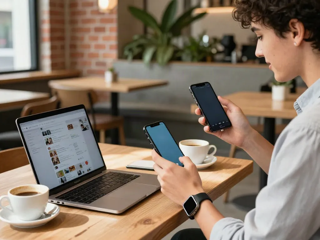Engaging scene of a young professional using the Insanony app at a café, reflecting urban lifestyle.
