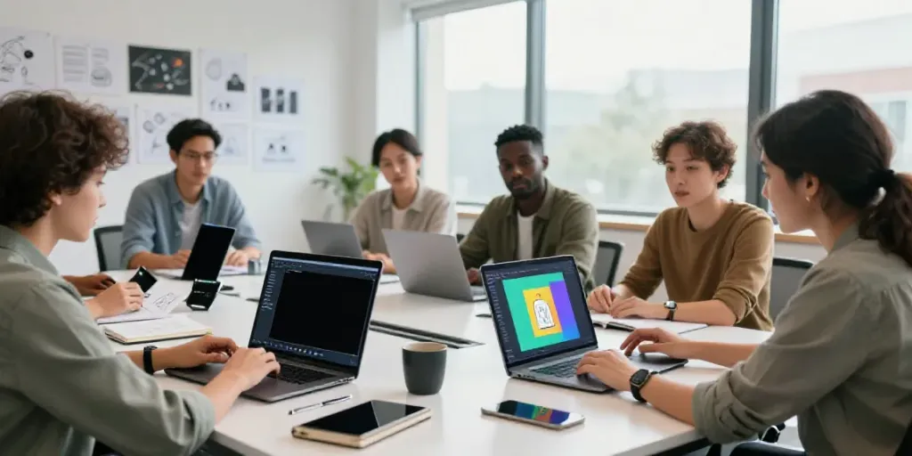 Team using an online AI article illustration generator in a modern office setting.
