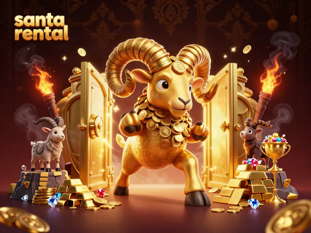 Engaging Santa rental scene featuring a golden ram, festive treasures, and lively characters.
