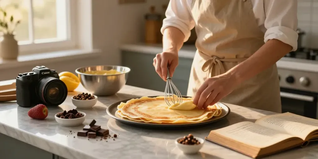 Delicious crepes prepared at https://dcrepes.org with rich dark chocolate and fresh toppings in a warm kitchen.