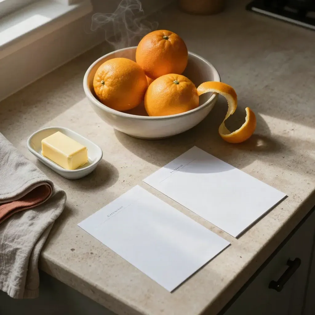 Top-down kitchen still life with citrus, butter dish, tea towel, and recipe cards
