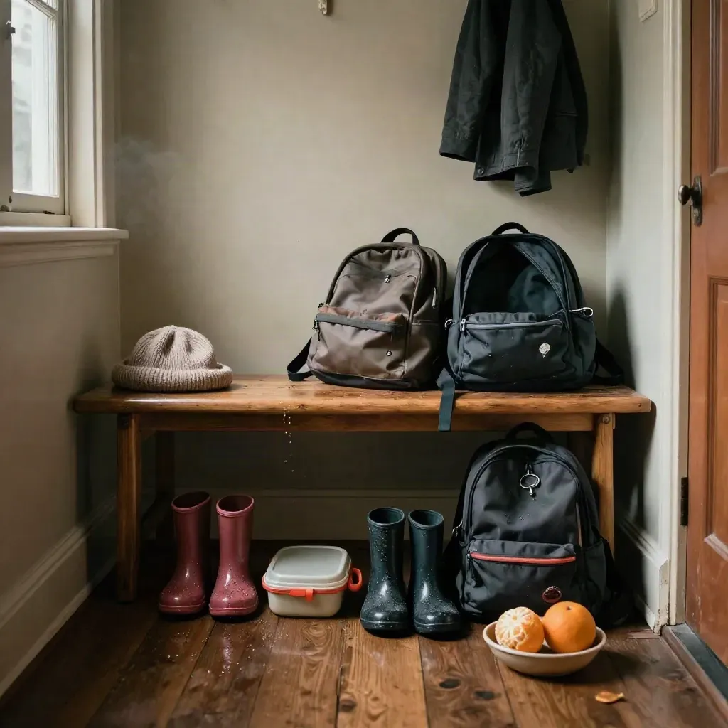 Half-unpacked hallway bench with school bags, rain boots, lunchbox, knit hat and orange bowl.