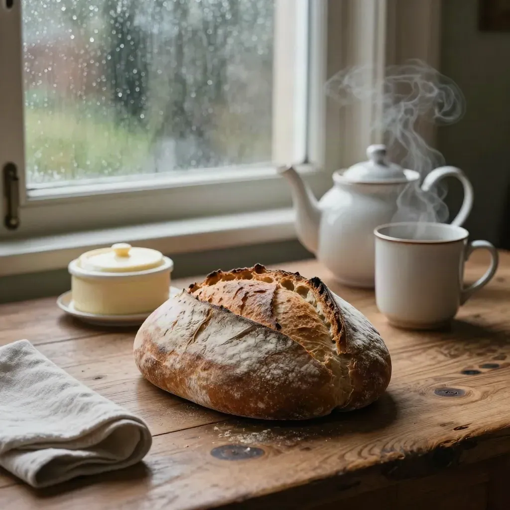 Bread, teapot, mug and butter crock beside a rain-speckled window
