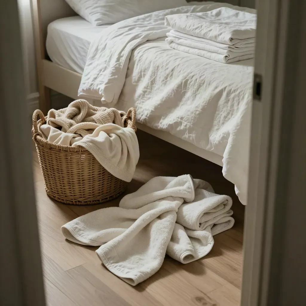 Cream linens and a laundry basket at the foot of a bed in a calm Sunday reset.