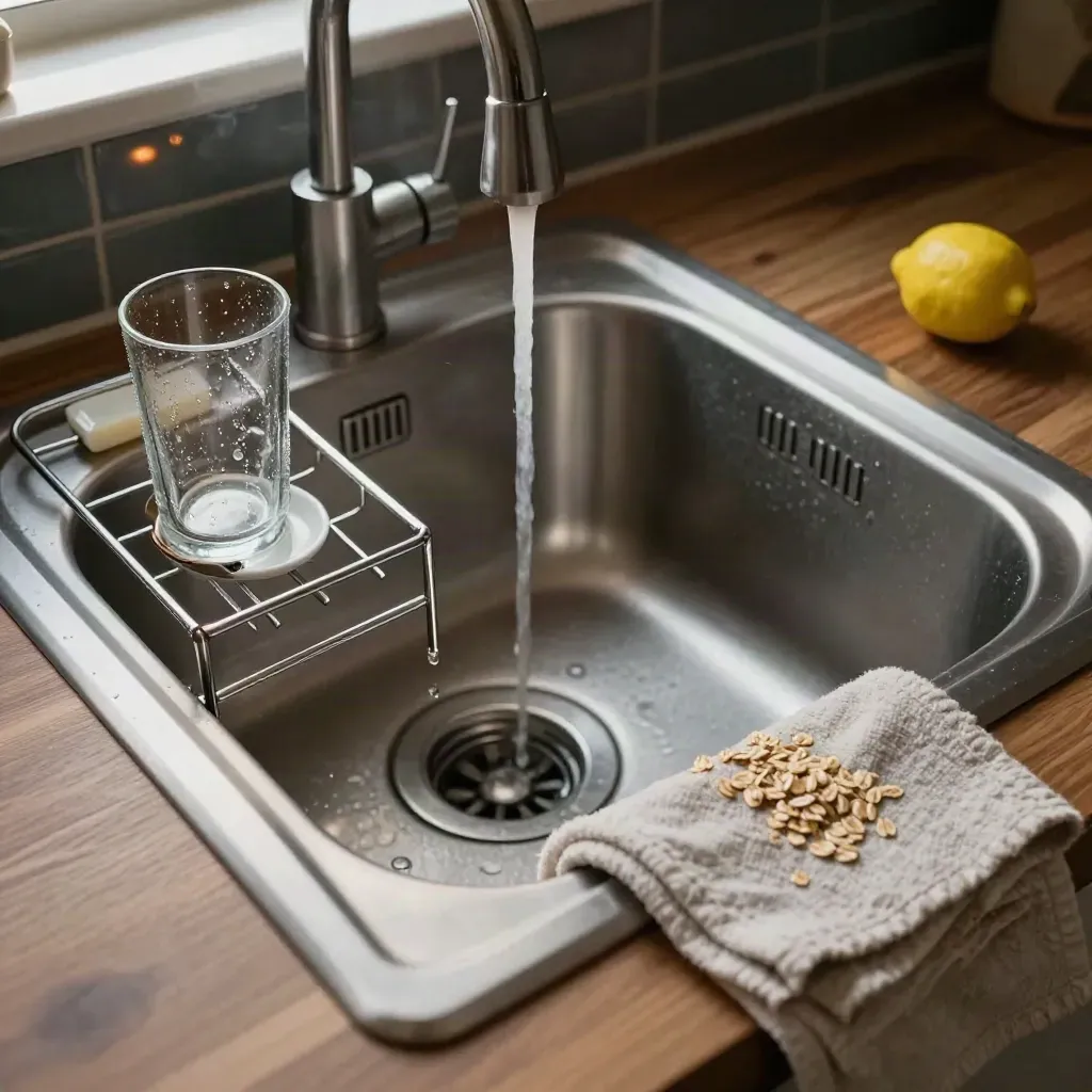 Steam-rimmed stainless sink with rack, soap dish, towel and lemon in a cozy kitchen corner.