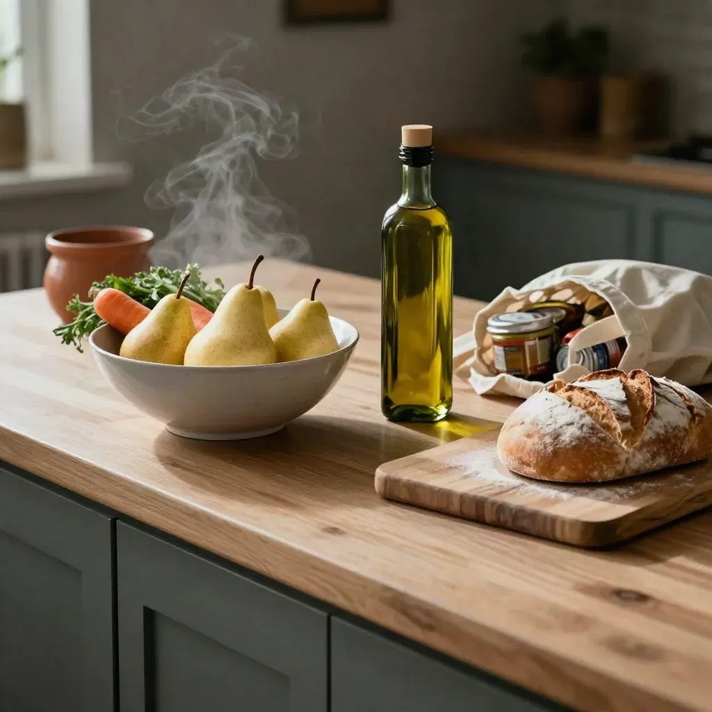 Countertop with bread, produce bowl, olive oil, grocery tote, and steam