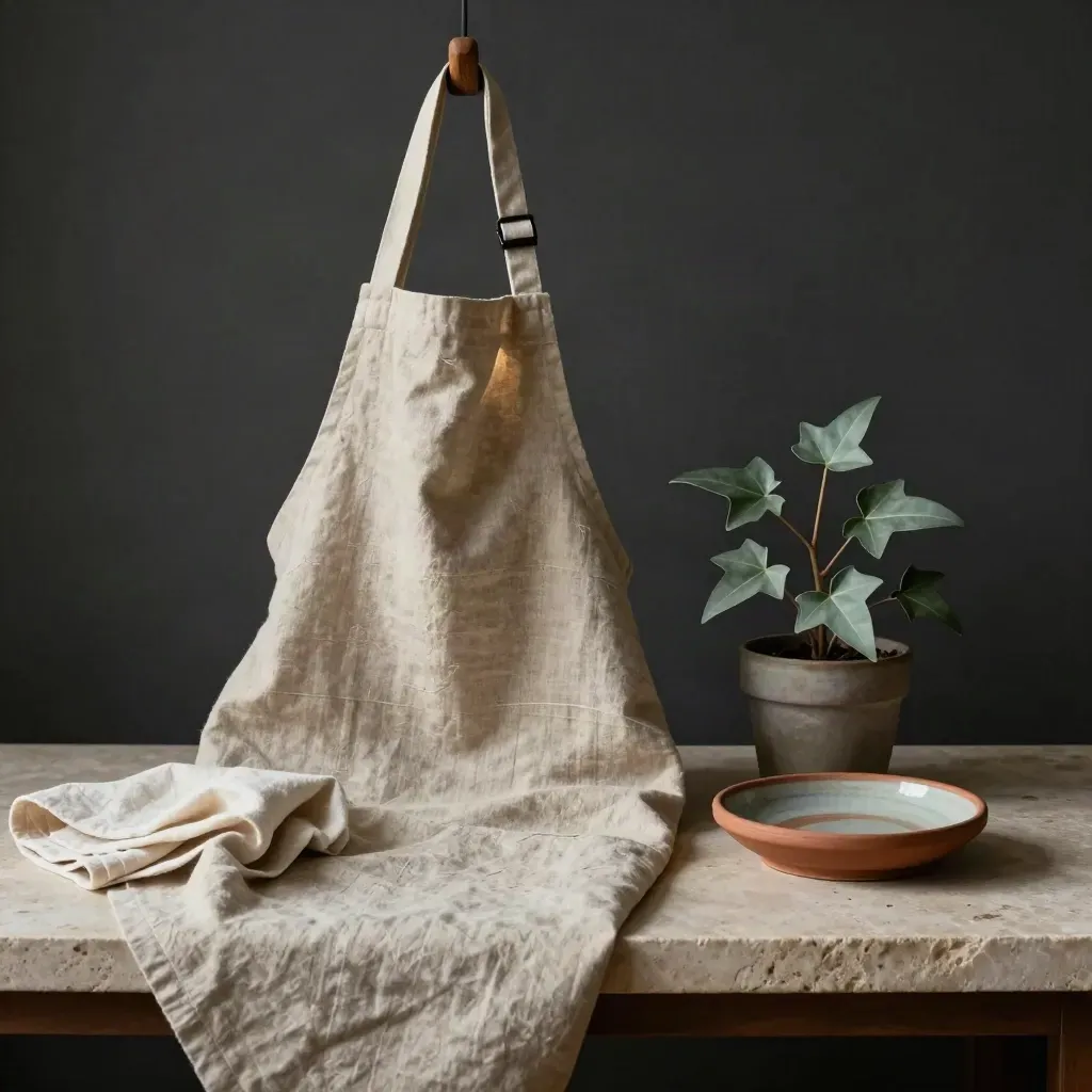 Linen apron on a wooden peg with ivy, folded cloth, and ceramic dish on stone