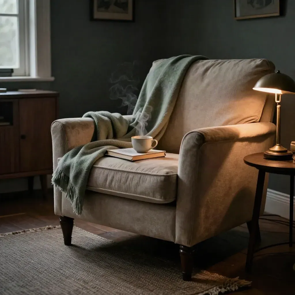 Quiet armchair with blanket, book, teacup and glowing lamp in a darkened room.