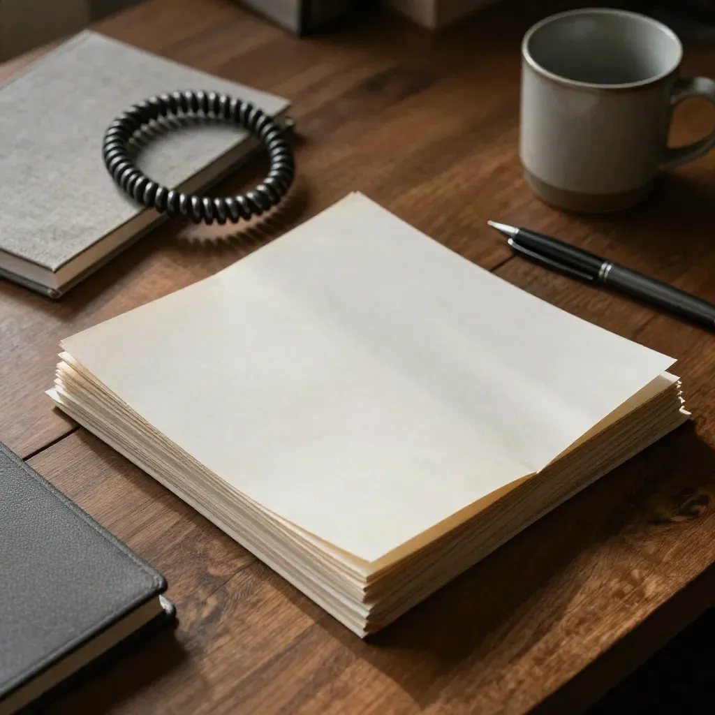 Top-down desk reset with paper stack, cable coil, notebook, pen tray and coffee ring.