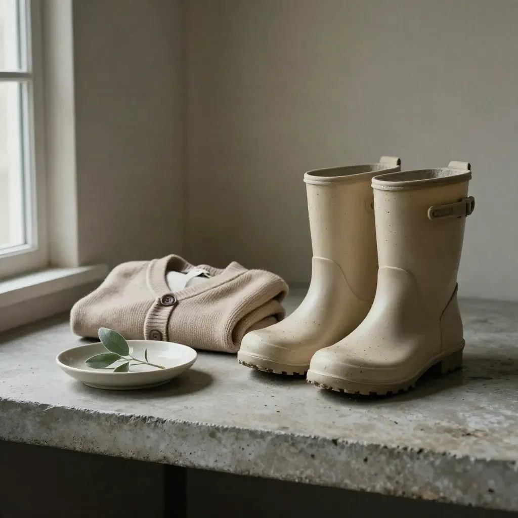Damp rain boots, folded cardigan, ceramic dish and greenery on a stone shelf.