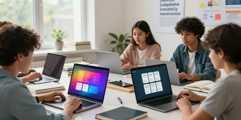 The scene of students actively engaged in an online English course, showcasing the concept of Situs toto in educational technology.