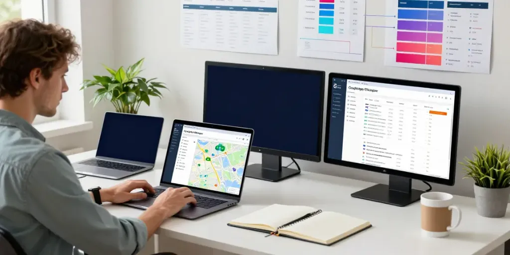 Outscraper Google Maps Scraper in use at a modern data extraction workspace with dual screens and a laptop.