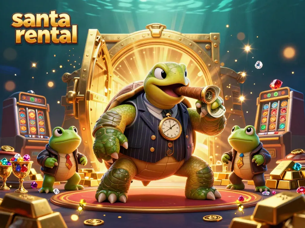 Exciting scene of a snapping turtle and bullfrog enforcers representing santa rental in a vibrant casino atmosphere.