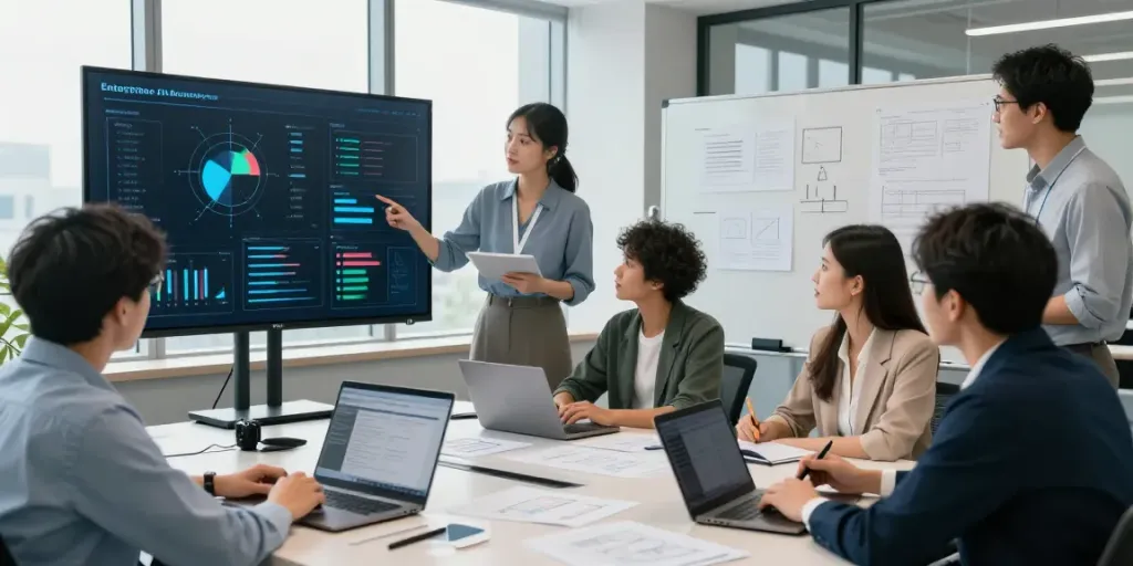 Enterprise AI team collaborating at a modern office with data visualizations and discussion.