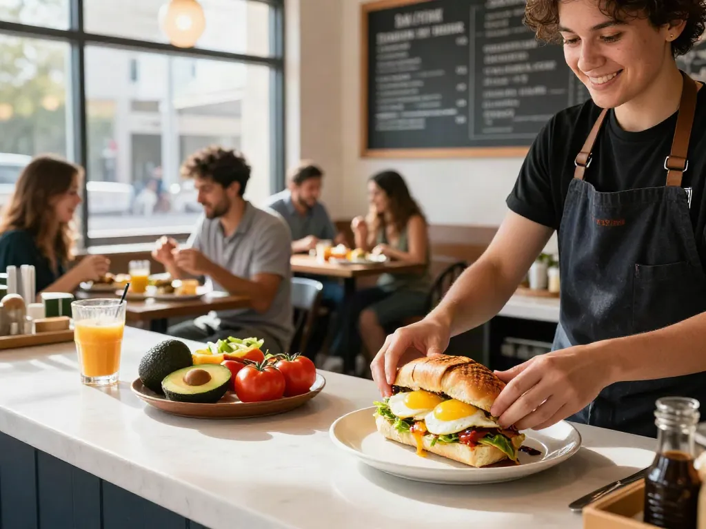 Austin breakfast scene with NYC-inspired sandwich and vibrant café atmosphere, ideal for searching breakfast near me (Austin Texas area).