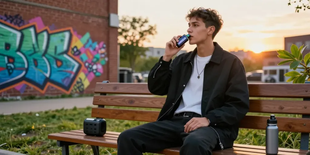 Individual savoring an Alien Labs cart vape in a vibrant urban park.