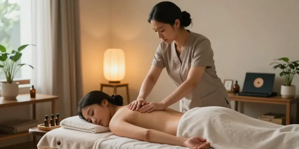 Relaxing scene with 일산출장안마 professional massage therapist providing soothing treatment in tranquil environment.