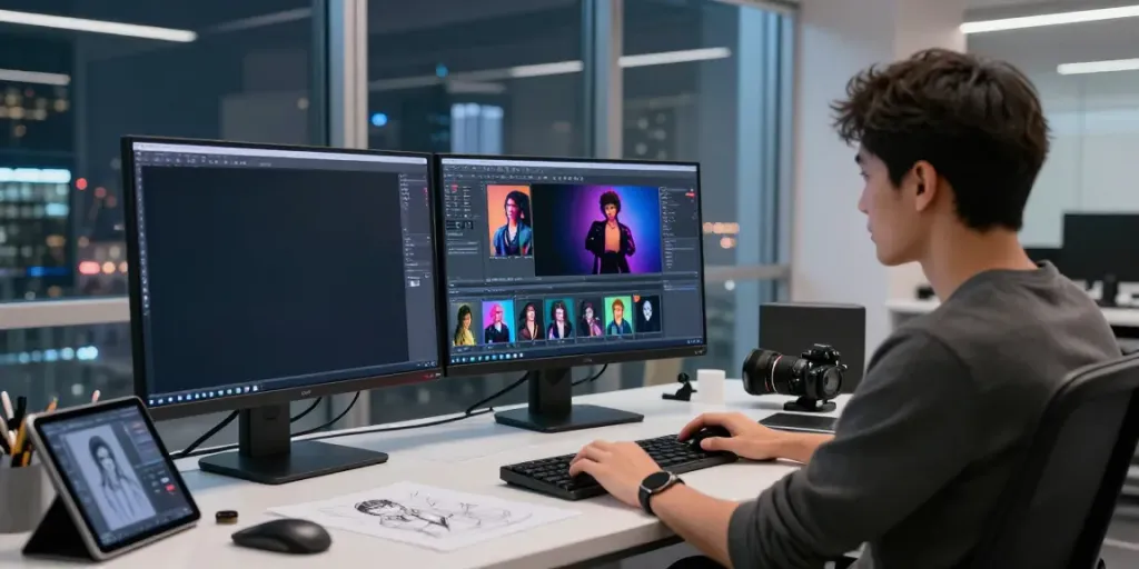 Creating realistic AI porn online character designs in a modern digital workspace.